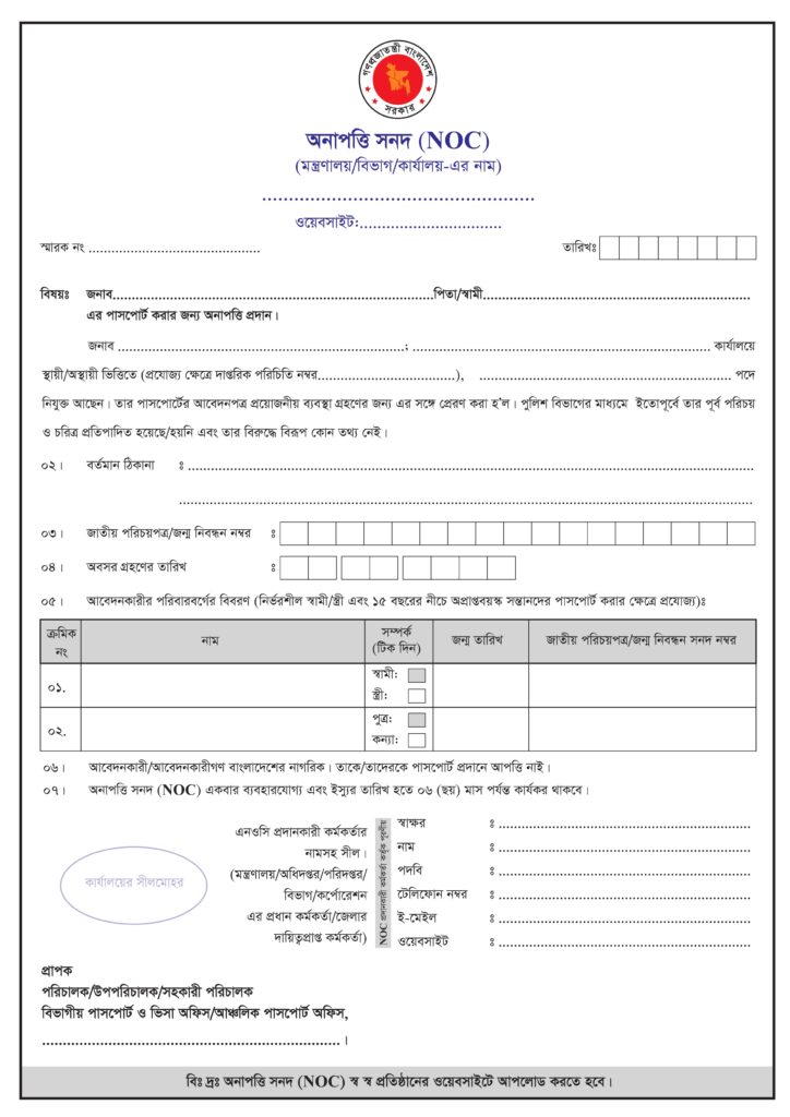 NOC Form for Passport PDF Download